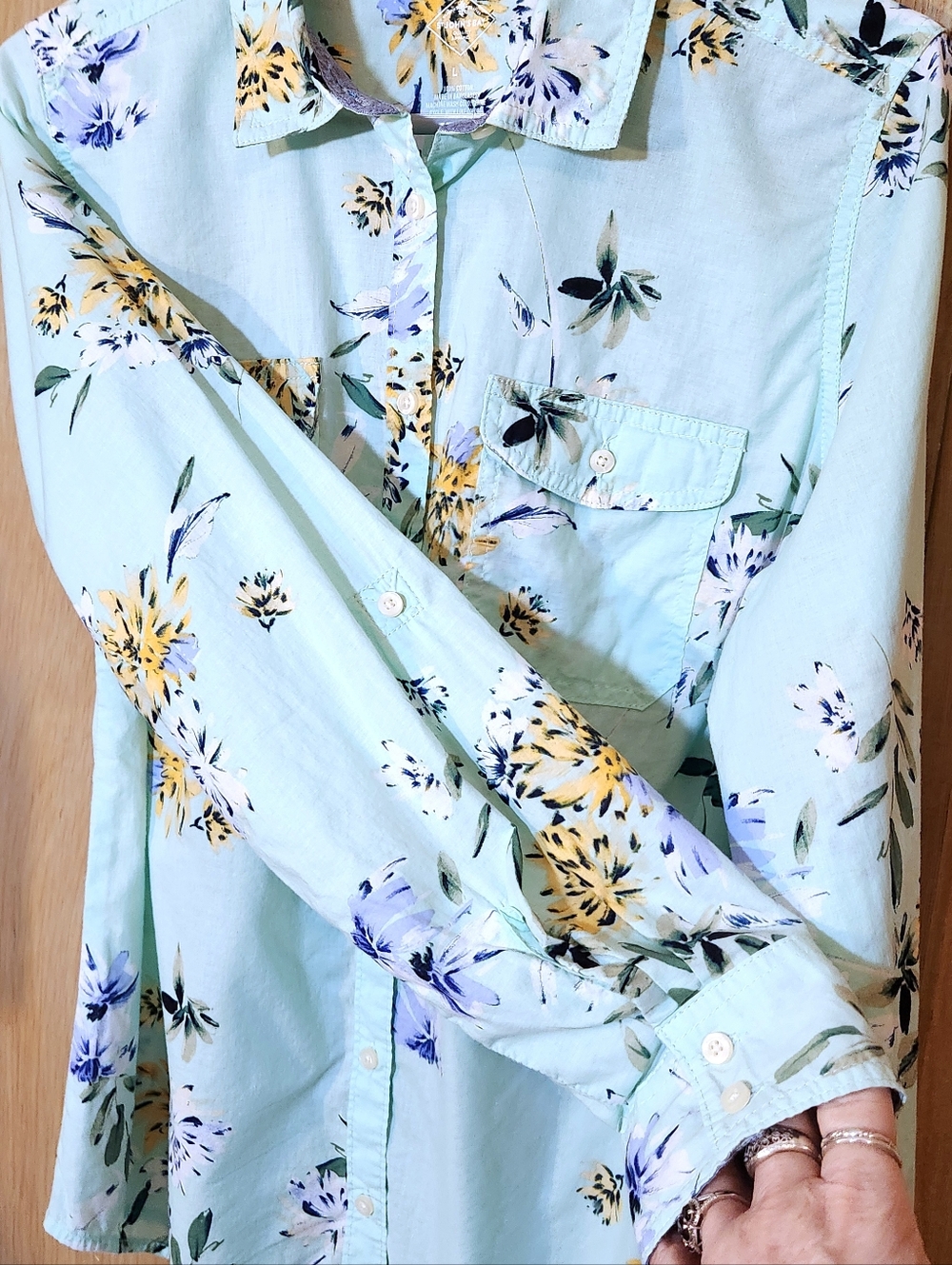 St John's Bay Mint Green Floral Top Womens Lrg 100% Cotton Button-up Shirt - Picture 5 of 7